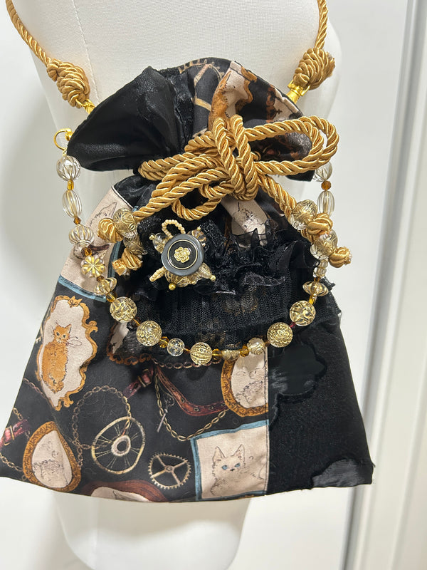 Vintage Kitten Patchwork Drawstring Bag