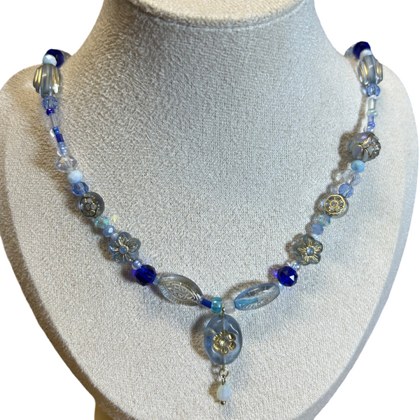 Handmade Blue Flower Stamp Necklace