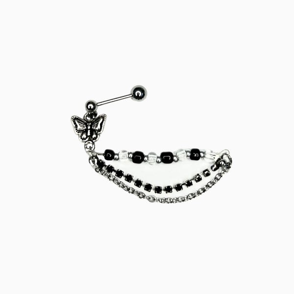 Butterfly With Beaded Crystal Chain Barbell Stud
