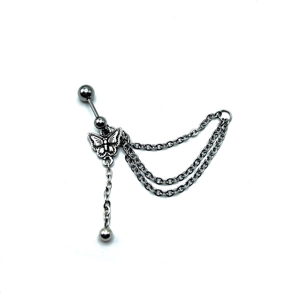 Vintage Butterfly Drop Cartilage Barbell Stud With 3 Layer Chain