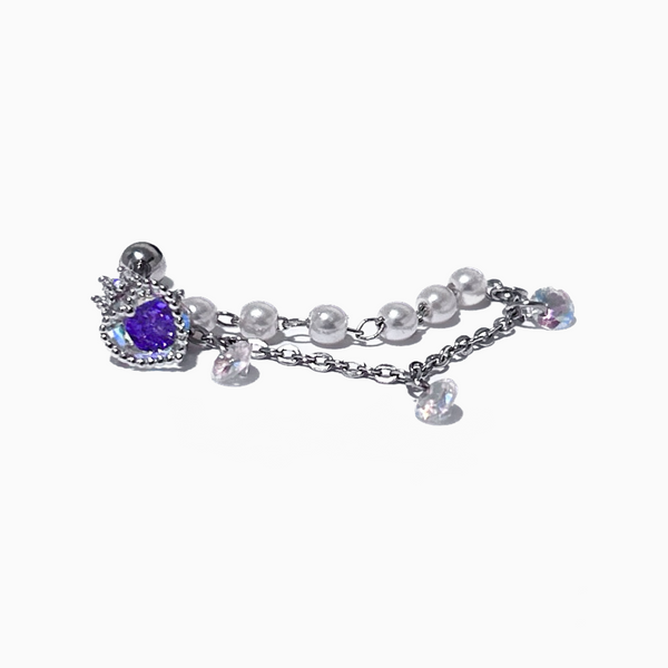 Crystal Crown Heart Barbell Stud With Pearl & Crystal Chain
