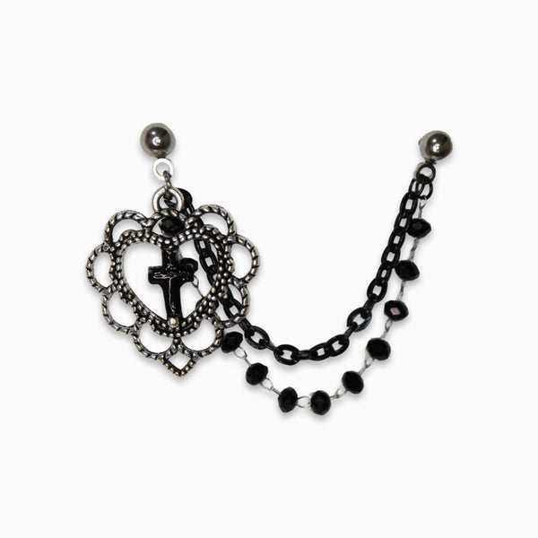 Gothic Cross Heart Double Barbell Stud