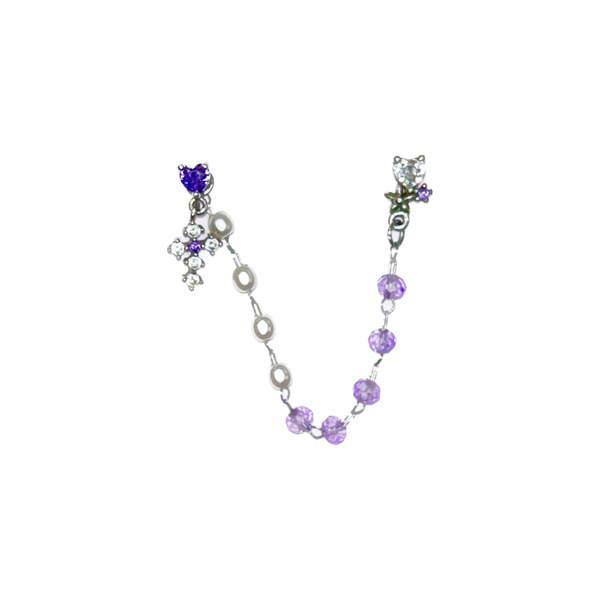 Purple Beaded & Pearl Crystal Heart & Cross Drop Cartilage Double Barbell Stud