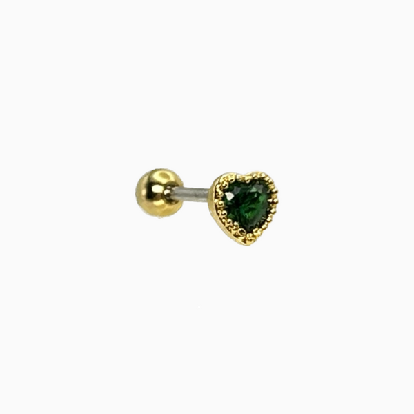 Green Crystal Heart Cartilage Barbell Stud