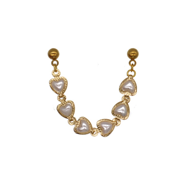 Golden Pearl Heart Chain Cartilage Double Barbell Stud