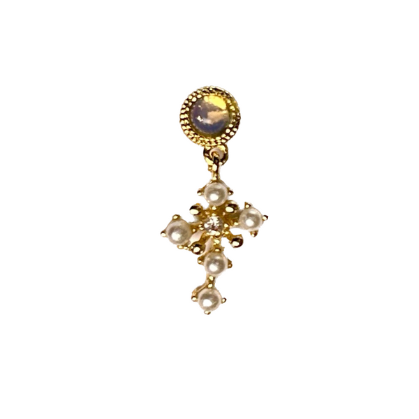 Moon Stone Pearl Cross Drop Piercing Stud